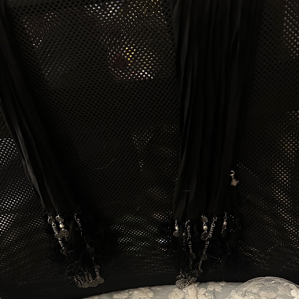 Black YSl Scarf /belt with Silver accents and fringe , silk embellished - Picture 2 of 7